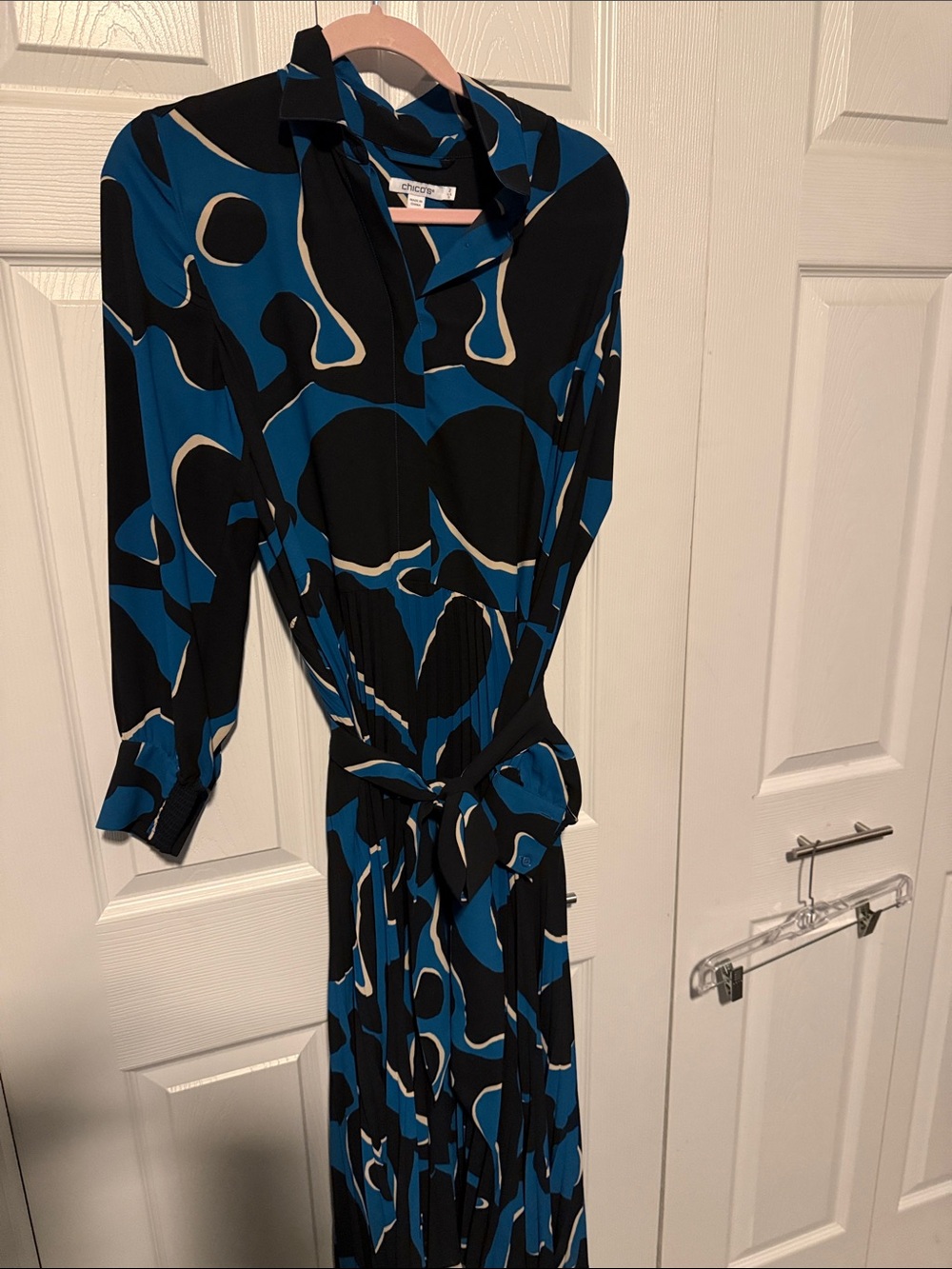 Chico's Black, Blue & Cream Abstract Print Long Sleeve Shirt Dress